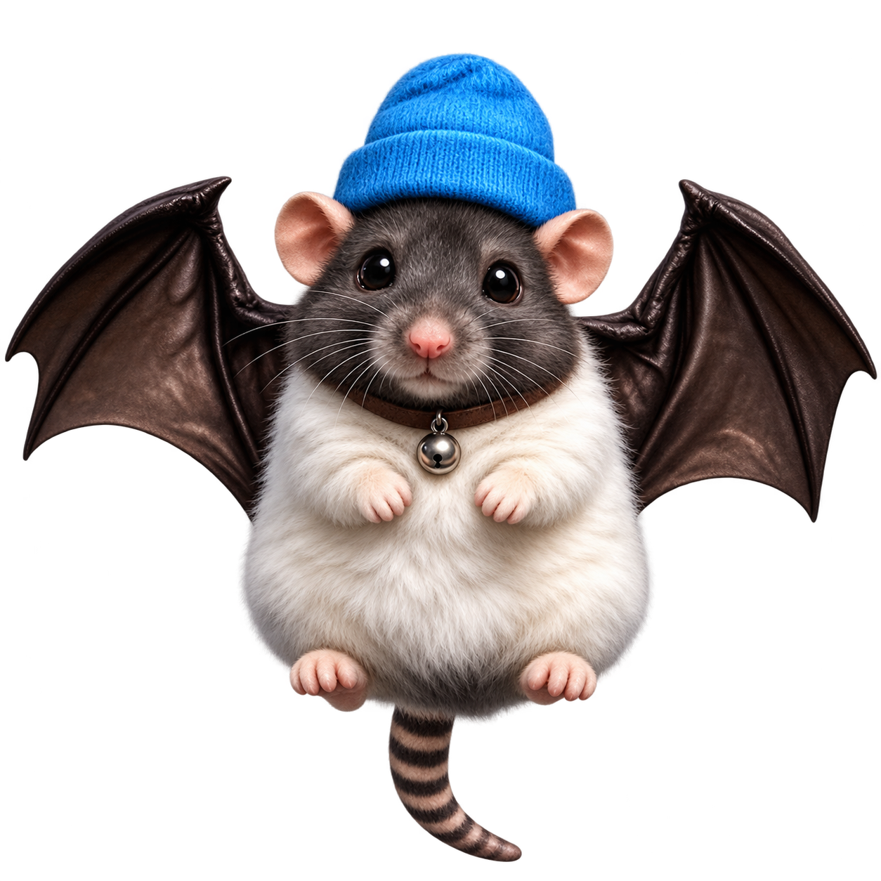 Baby Bat wearing a blue beanie, with big ears, little paws and wide bat wings