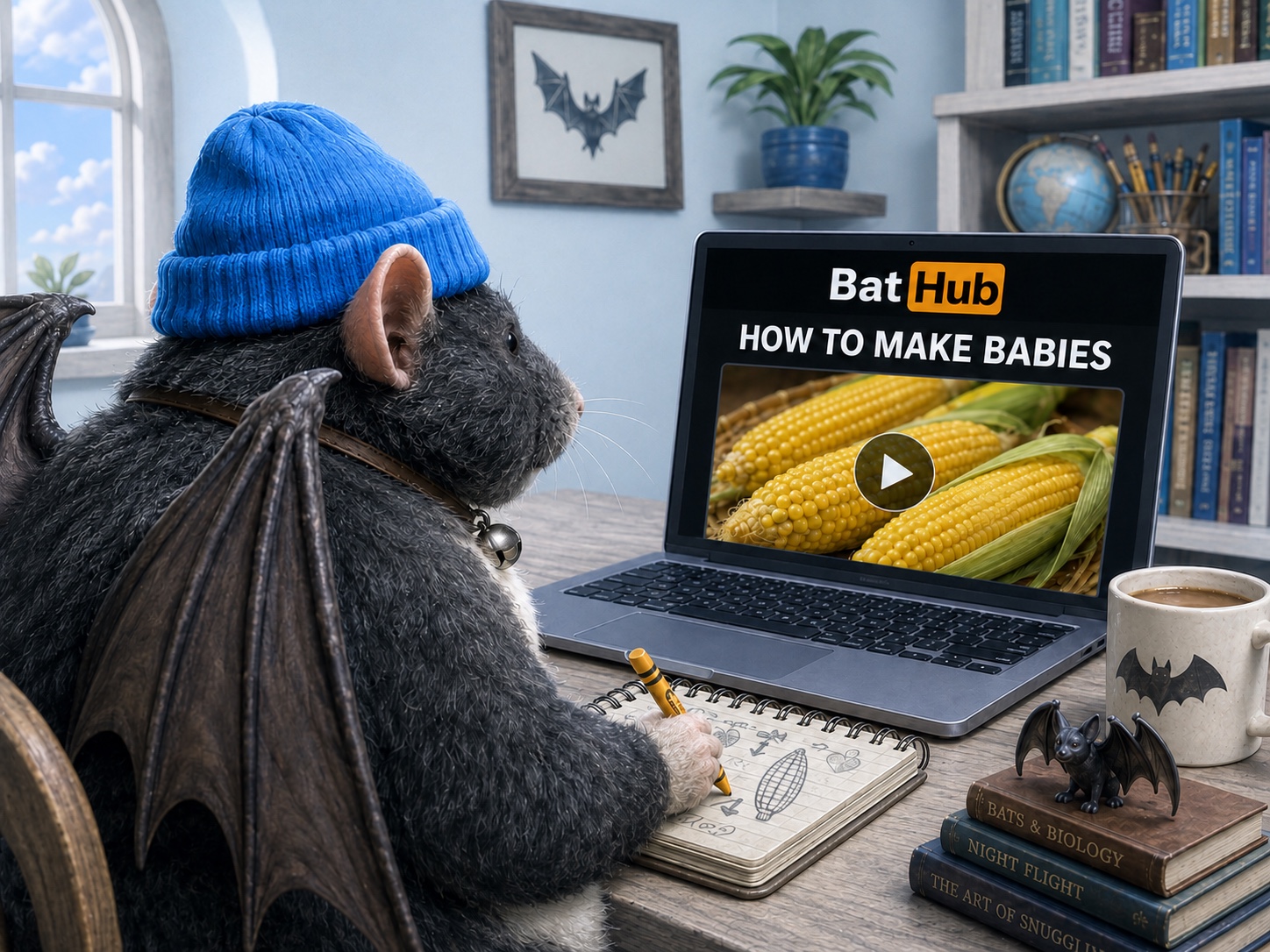Looking over Daddy Bat’s shoulder as he takes notes from a BatHub tutorial showing literal corn. The laptop faces Daddy and the camera.