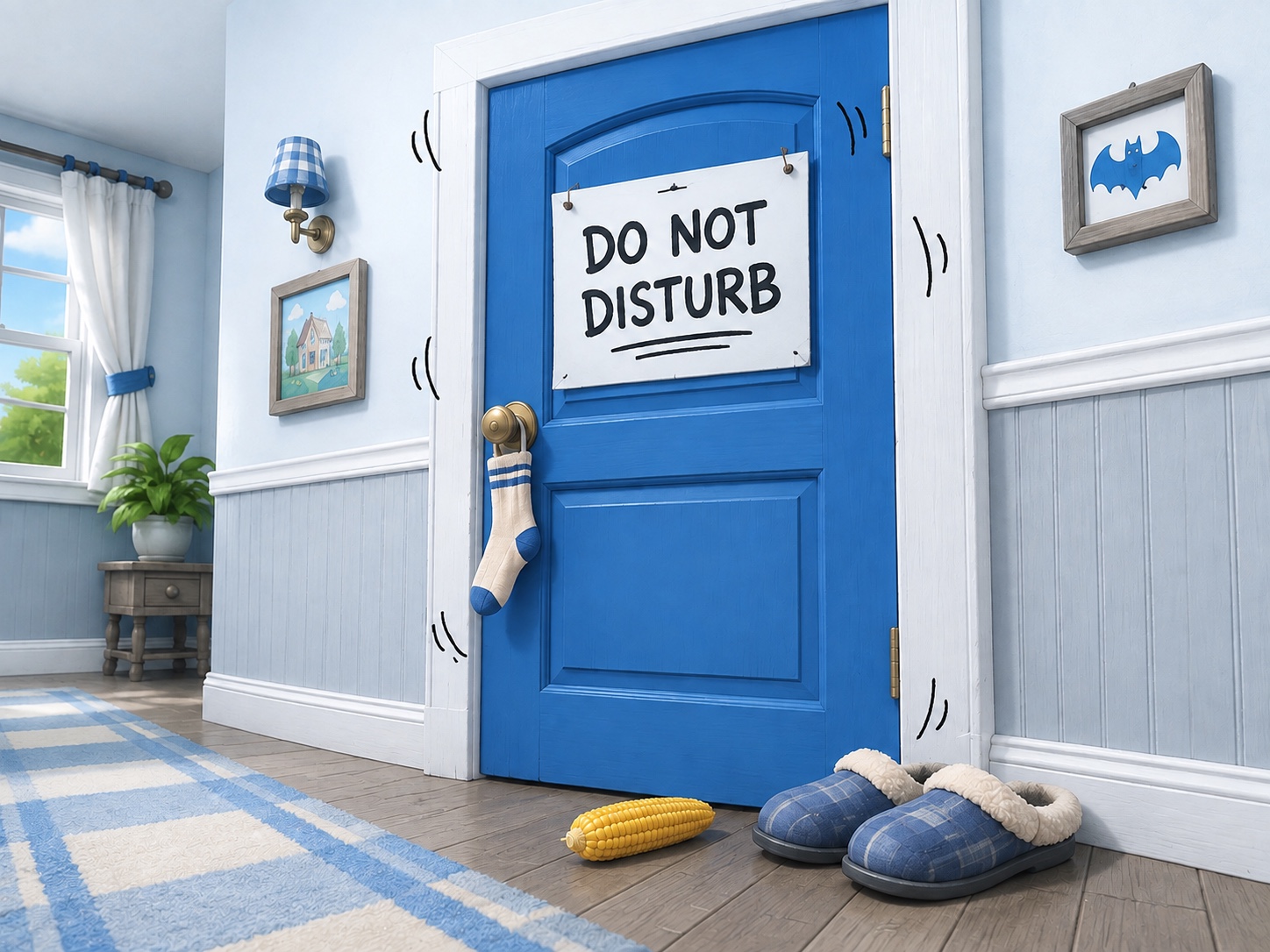 A closed bedroom door with a do-not-disturb sign, a sock on the handle and an abandoned corn cob in the hallway.