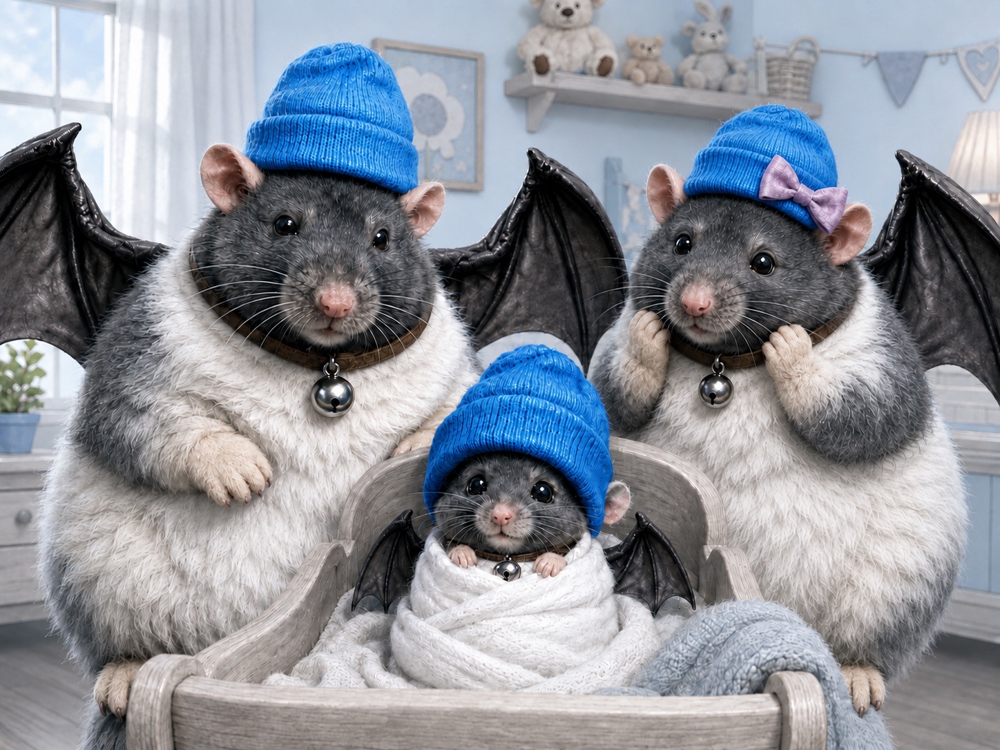 Mommy and Daddy Bat stare at their newborn Baby Bat in a cradle. He is already wearing the family blue beanie.